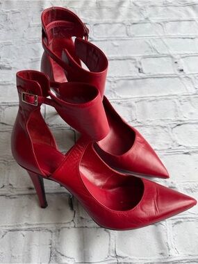 Tamara Mellon Red Leather High Heels Ankle Strap Party Event Designer 38